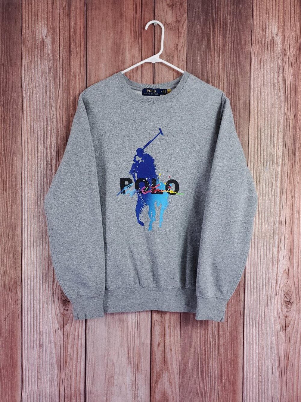 Polo Ralph Lauren Fleece Sweatshirt Mens Medium Gray Paint Splatter Big Pony
